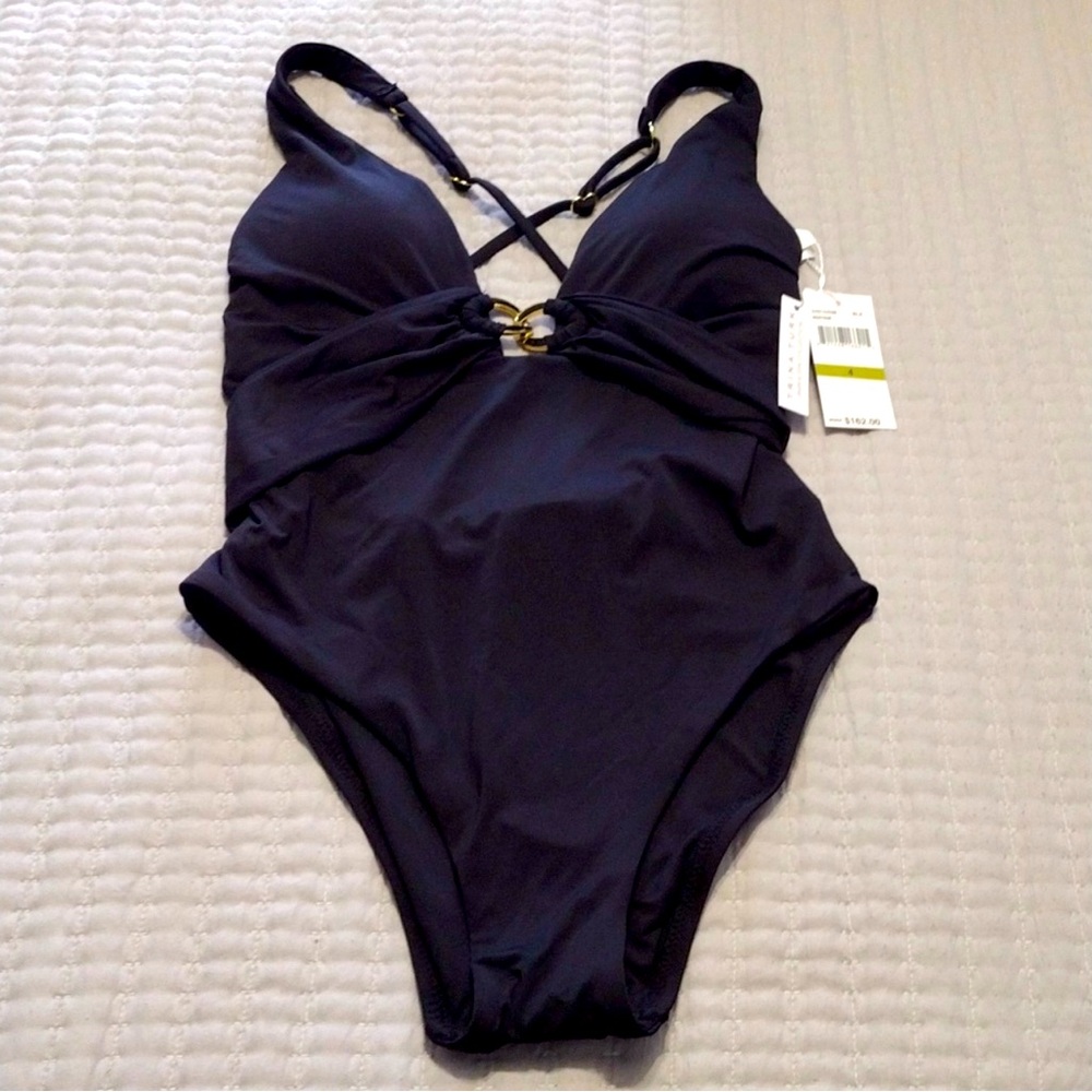 Trina Turk Elegant Black Cross Back Plunge
One Piece Swimsuit